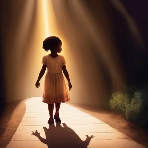 Prompt: Create a book cover image of a 4 year old African American girl holding the invisible hand of God, while Walking in the dark into light down a  illuminated path of light with them facing away from us