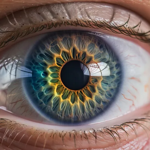 Prompt: A close-up image of a human eye, with the iris subtly reflecting different hues of vibrant color.