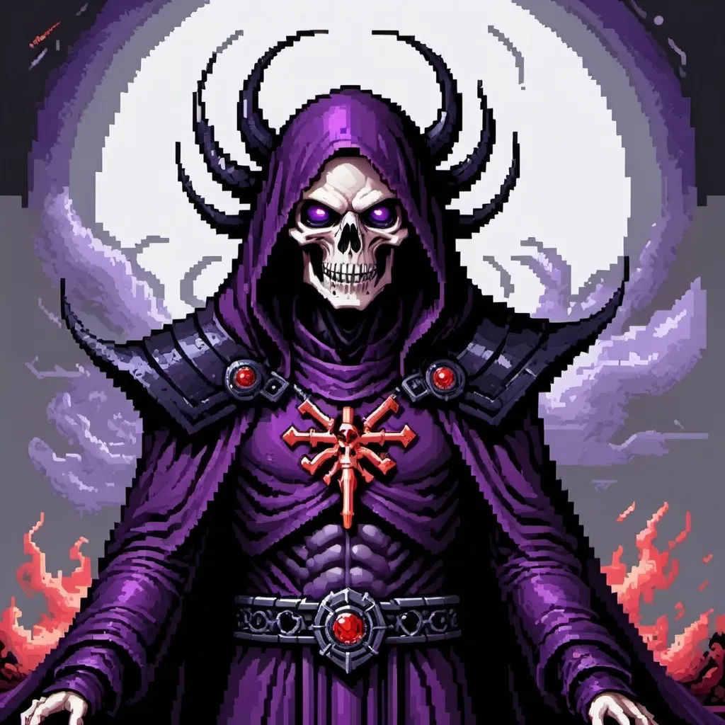 Prompt: Death god in middle of picture with purple eyes and red , black clothes
In pixel art style