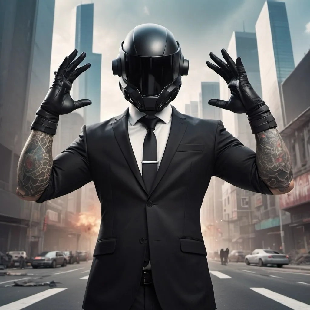 Prompt: 3d realistic men wearing futuristic combat helmet, gloves and a black suit, tattoos partly, standing and raising his hand on shoulders level, background in the middle empty cross-intersection in a city.
     