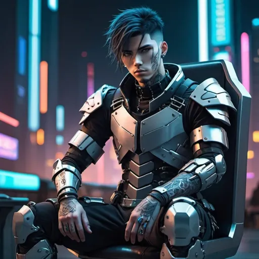 Prompt:  3d anime protagonist men with tattoo and armor, sitting on a chair in futuristic city, cyberpunk style

