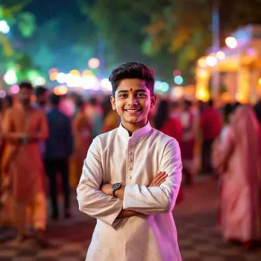 Prompt: Standing confidently in a festive atmosphere, a young boy clad in a white, intricately patterned kurta radiates charm, a playful smile accentuating his features and a hint of red adorns his forehead, suggesting celebration or tradition. He crosses his arms, striking a relaxed pose amidst a lively gathering filled with blurred figures in vibrant attire, evoking the energy of a social event, likely an outdoor celebration, illuminated by colorful lights that cast a warm, enchanting glow. The background reveals glimpses of lush greenery and structures faintly visible through the haze, enhancing the festive environment as guests mingle, adding to the cheerful ambiance and sense of community. The mixture of soft lighting and bustling silhouettes creates an inviting scene, communicating joy and connection during this special occasion.