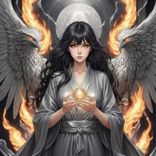 Prompt: tarot card Anime illustration, a black-haired woman, silver eyes, plain gray robe, surrounded by silver flaming winged creature