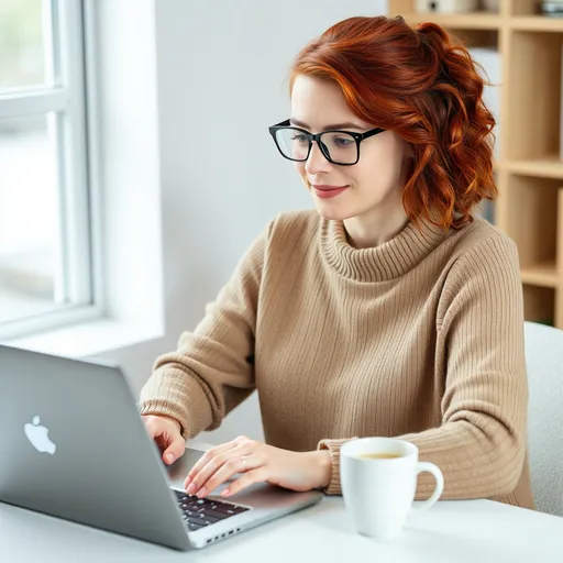 Prompt: woman with red hair at desk with laptop, eyeglass, and coffee mug
