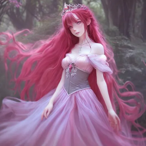 Prompt: realistic anime girl with long pink,reddish hair wearing pink ballgown,tiara and veil,concept art,ethereal fantasy,fullbody