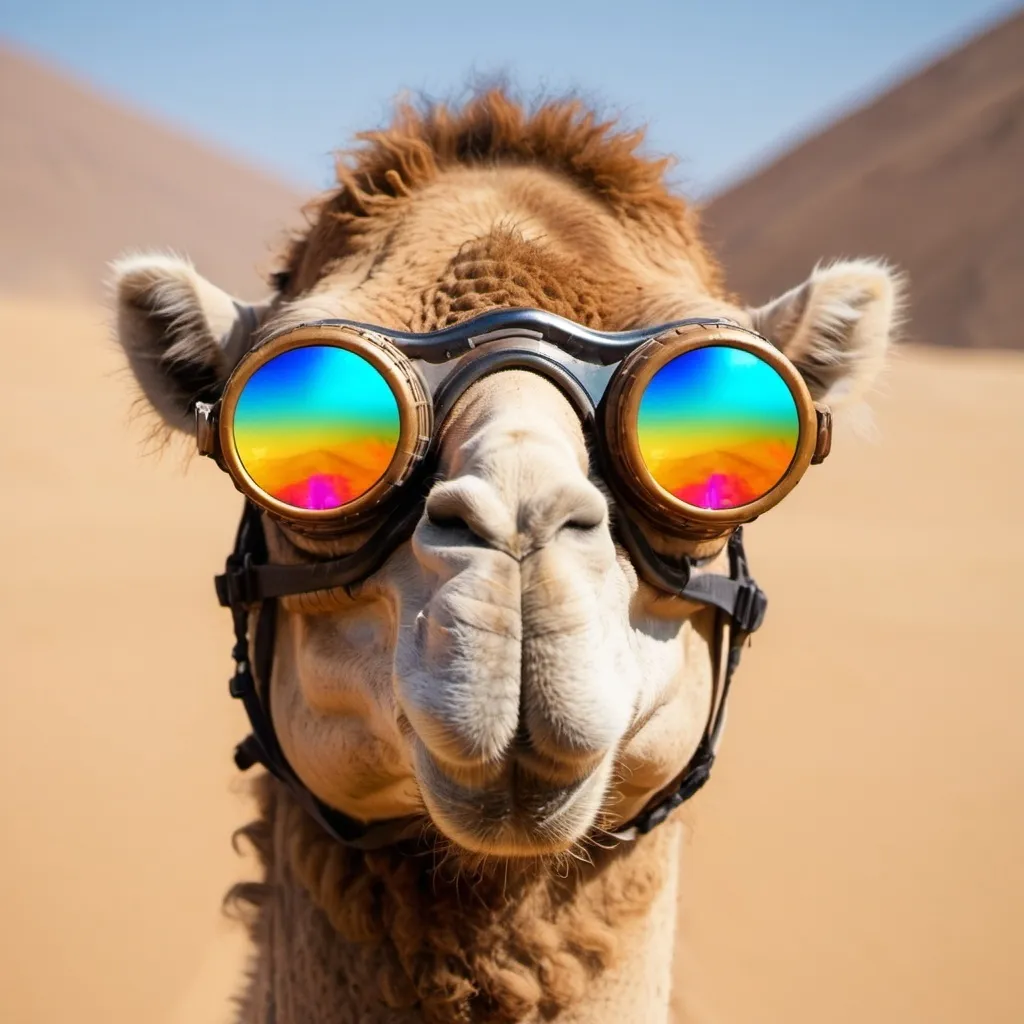 Prompt: A Camel facing the screen and wearing kaleidoscope  goggles