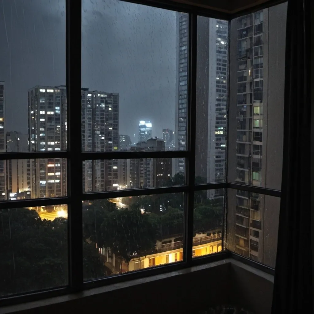 Prompt: view from a city apartment while it's raining at nighttime