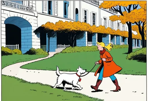 Prompt: woman walking with her dog in a park, 2d comic book panel, in the style of Tintin by Hergé