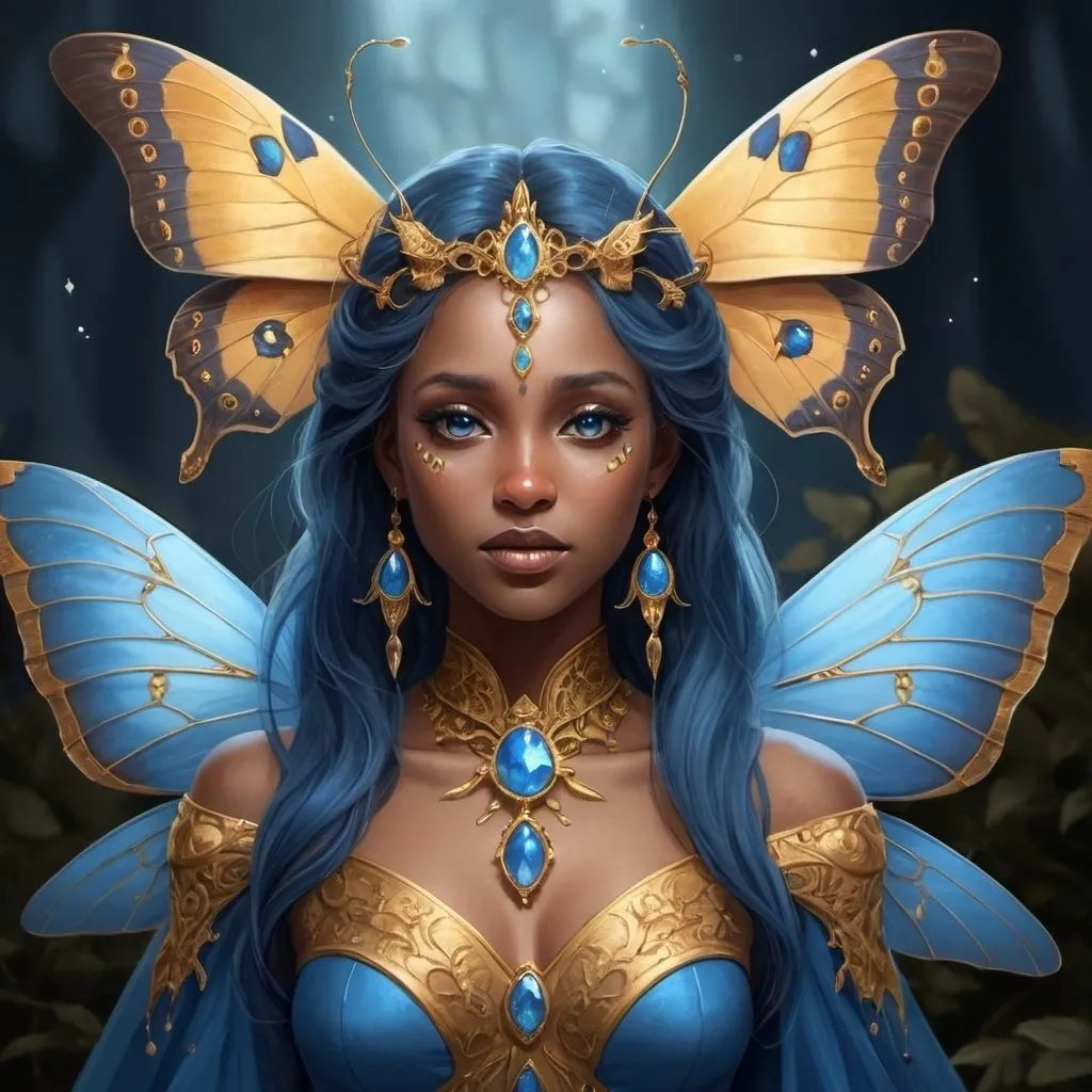 Prompt: A alaoon moth princess with místical blue magic and golden hands 