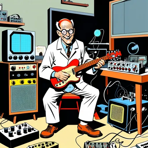 Prompt: A happy, helpful, balding, grandpa  scientist in a lab, in the style of Jack Kirby and Wally Wood in mid century atomic comic style, with a workbench that is strewn with a tube guitar amplifier, a rangefinder camera, a Telecaster guitar, and a bunch of test small equipment including an oscilloscope 