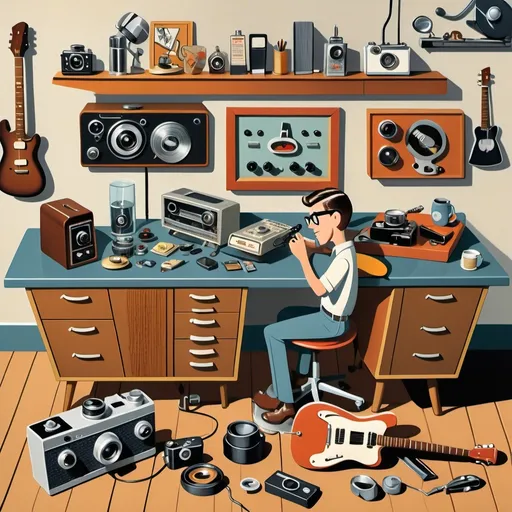 Prompt: A cartoon illustration of a workbench strewn with vintage audio equipment, rangefinder cameras, and an early electric guitar. Style of the artwork is mid century modern atomic ranch style. 