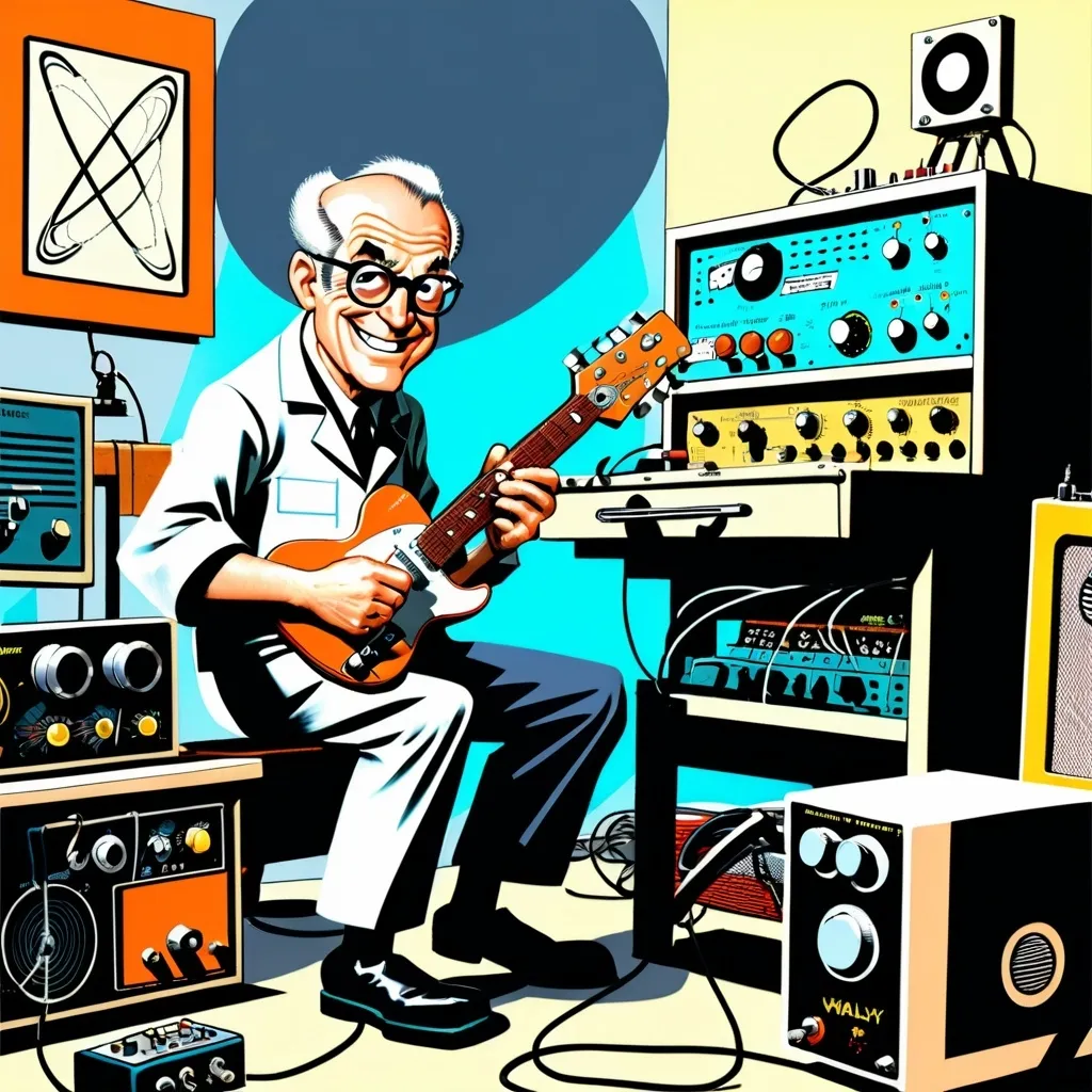 Prompt: A happy, helpful, balding, grandpa  scientist in a lab, in the style of Jack Kirby and Wally Wood in mid century atomic comic style, with a workbench that is strewn with a tube guitar amplifier, a rangefinder camera, a Telecaster guitar, and a bunch of test small equipment including an oscilloscope 