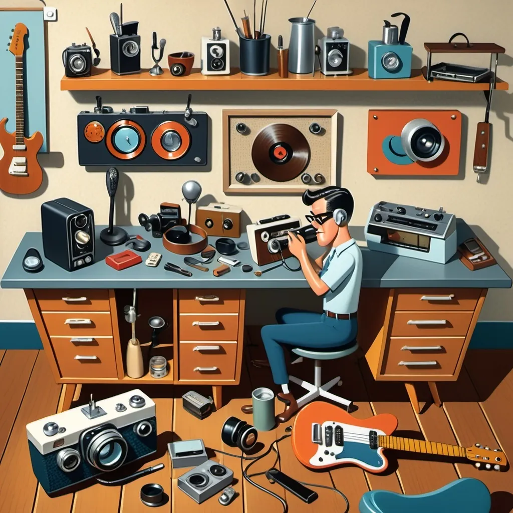 Prompt: A cartoon illustration of a workbench strewn with vintage audio equipment, rangefinder cameras, and an early electric guitar. Style of the artwork is mid century modern atomic ranch style. 