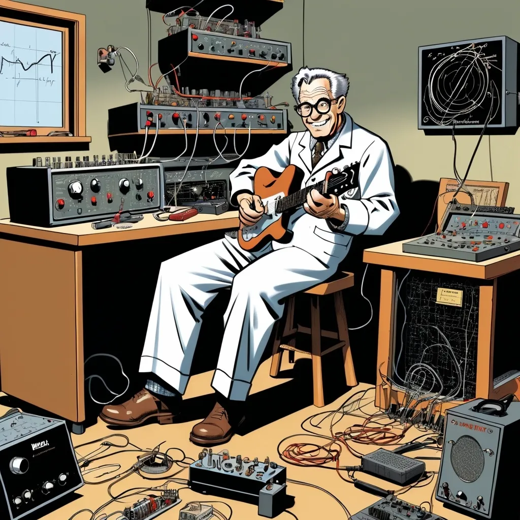 Prompt: A happy, helpful, grandpa  scientist in a lab, in the style of Jack Kirby and Wally Wood, 1940s vintage comic, with a workbench that is strewn with a tube guitar amplifier, a Leica M3 camera, a Telecaster guitar, and a bunch of test small equipment including an oscilloscope 