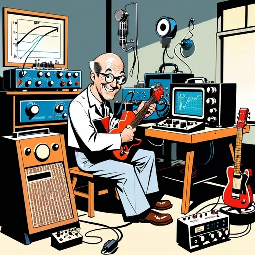 Prompt: A happy, helpful, balding, grandpa  scientist in a lab, in the style of Jack Kirby and Wally Wood in mid century atomic comic style, with a workbench that is strewn with a tube guitar amplifier, a rangefinder camera, a Telecaster guitar, and a bunch of test small equipment including an oscilloscope 