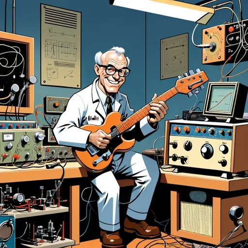 Prompt: A happy, helpful, balding, grandpa  scientist in a lab, in the style of Jack Kirby and Wally Wood in mid century atomic comic style, with a workbench that is strewn with a tube guitar amplifier, a rangefinder camera, a Telecaster guitar, and a bunch of test small equipment including an oscilloscope 