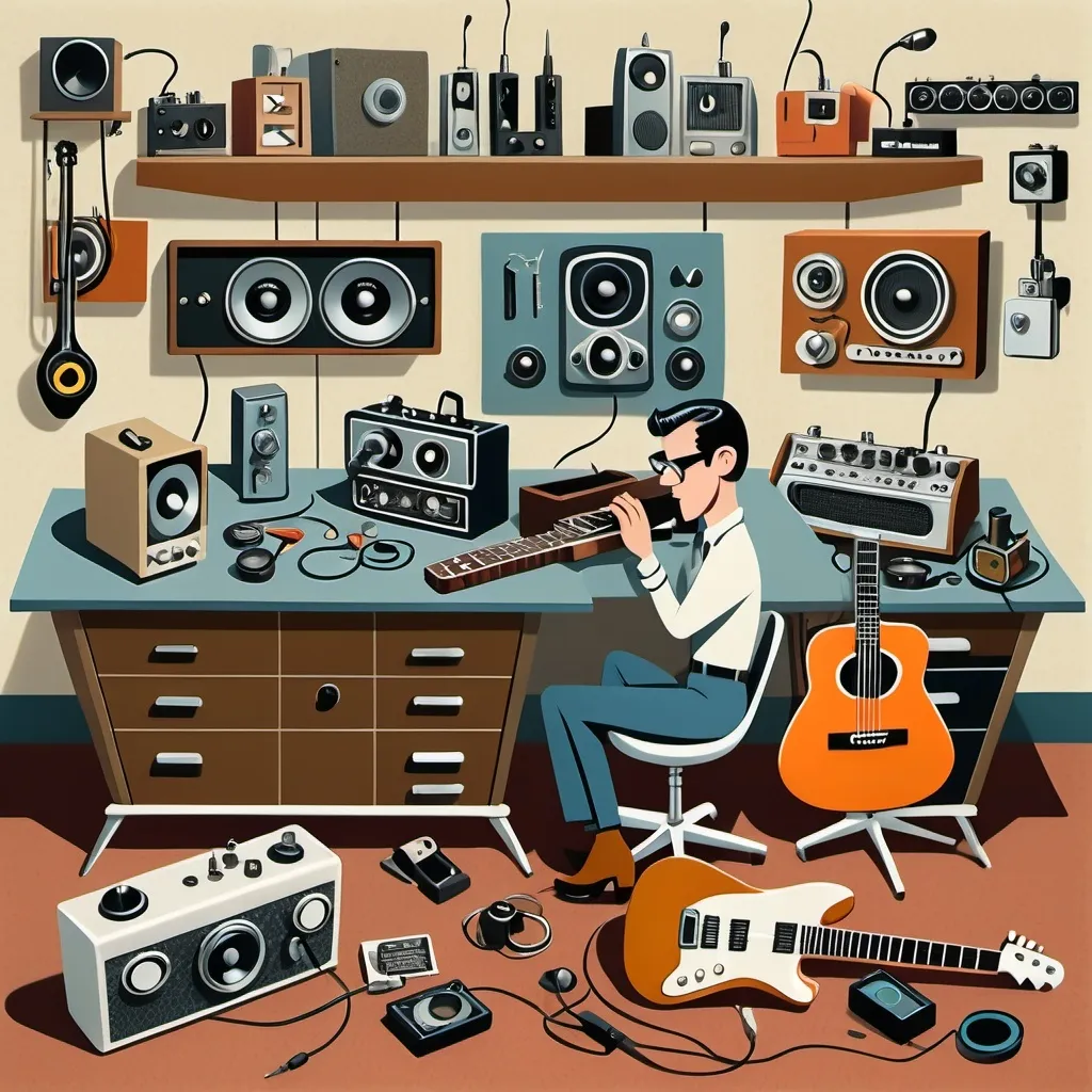 Prompt: A cartoon illustration of a workbench strewn with vintage audio equipment, rangefinder cameras, and an early electric guitar. Style of the artwork is mid century modern atomic ranch style. 