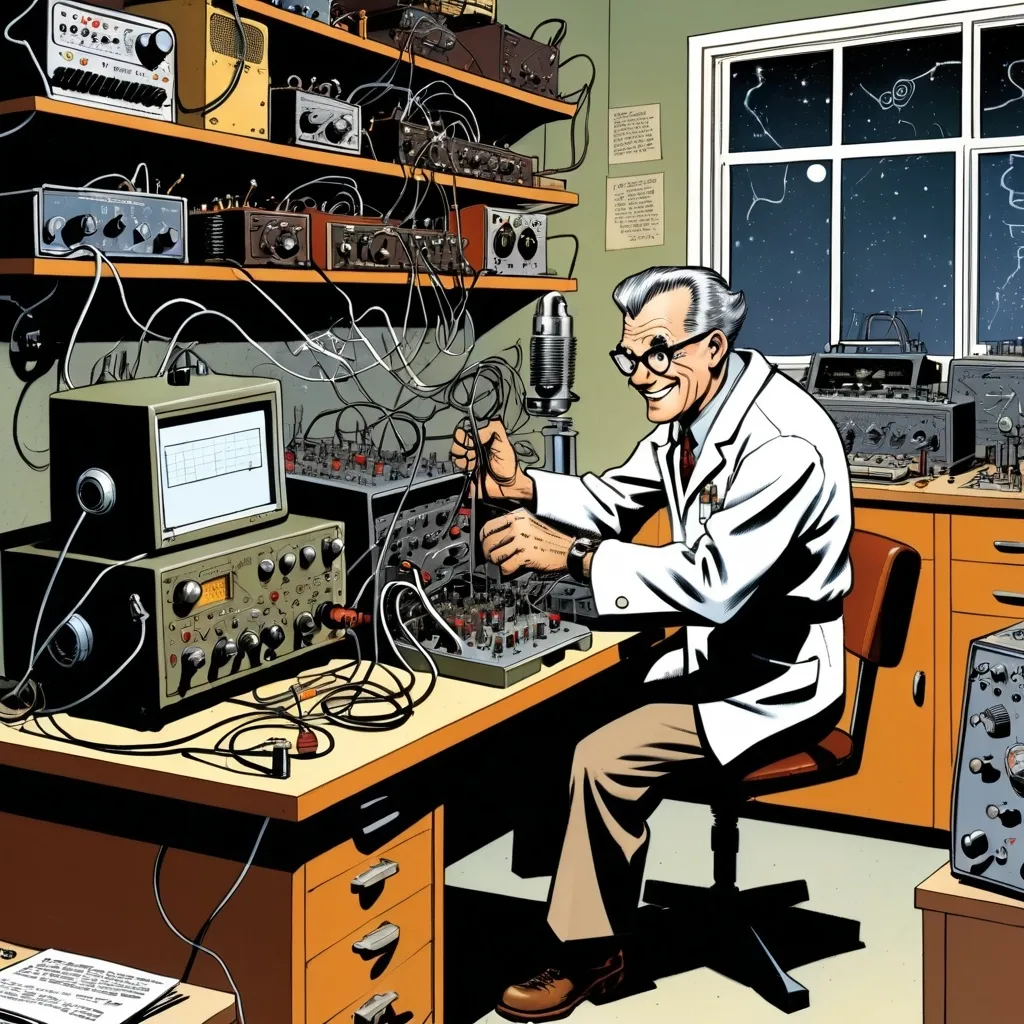 Prompt: A happy, helpful, grandpa  scientist in a lab, in the style of Jack Kirby and Wally Wood, 1940s vintage comic, with a workbench that is strewn with tube amplifiers, 1940's cameras, an early electric guitar, and a bunch of test small equipment including an oscilloscope 