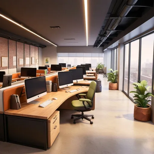 Prompt: Office interior, modern design, natural lighting, professional atmosphere, high quality, detailed furniture, clean lines, sleek technology, minimalist, contemporary, warm tones, spacious layout, bustling workplace