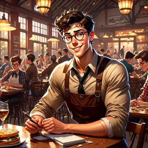 Prompt: <mymodel>(cute nerdy guy), age 18,  scrawny but cute brown hair. Pencil and order pad wearing glasses, (friendly smile), waiting tables at a 50s dinner in period appropriate uniform in his small town. suburban atmosphere, nostalgic and heartwarming vibe, (4K), ultra-detailed.
