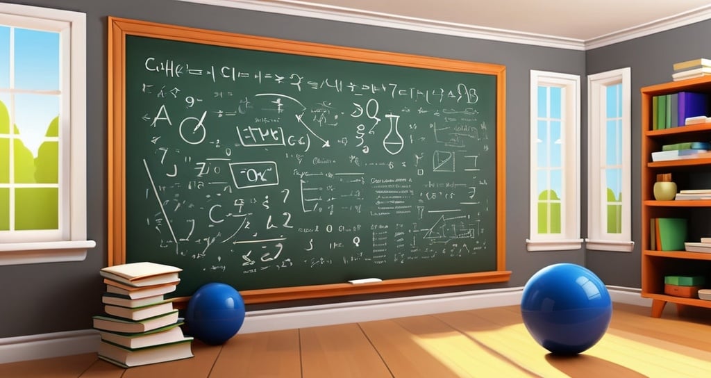 Prompt: Draw a cartoon chalk board  full of equations across the entire wall