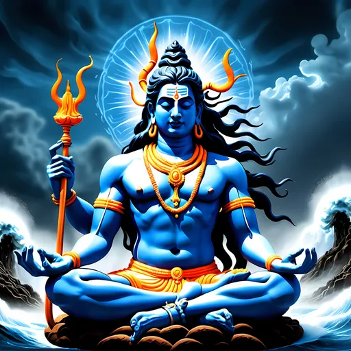 Prompt: Create an illustration depicting the scene from the Samudra Manthan where Lord Shiva consumes the Halahala poison. Show Lord Shiva in a meditative yet powerful pose, with his throat glowing a deep blue. Depict the poison swirling as a dark, ominous cloud, symbolizing its danger. Include Goddess Parvati, with an expression of deep concern. generate image