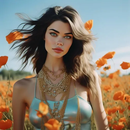 Prompt: <mymodel>[orange poppy field background] a Y2K fashion icon in their early twenties adorned with gold chains and diamonds, crafting a narrative of opulence, tiffany blue microdress. Nikon D850 camera with a Nikkor 70-200mm f/2.8E FL ED VR lens --stylize 250 --v 5.2