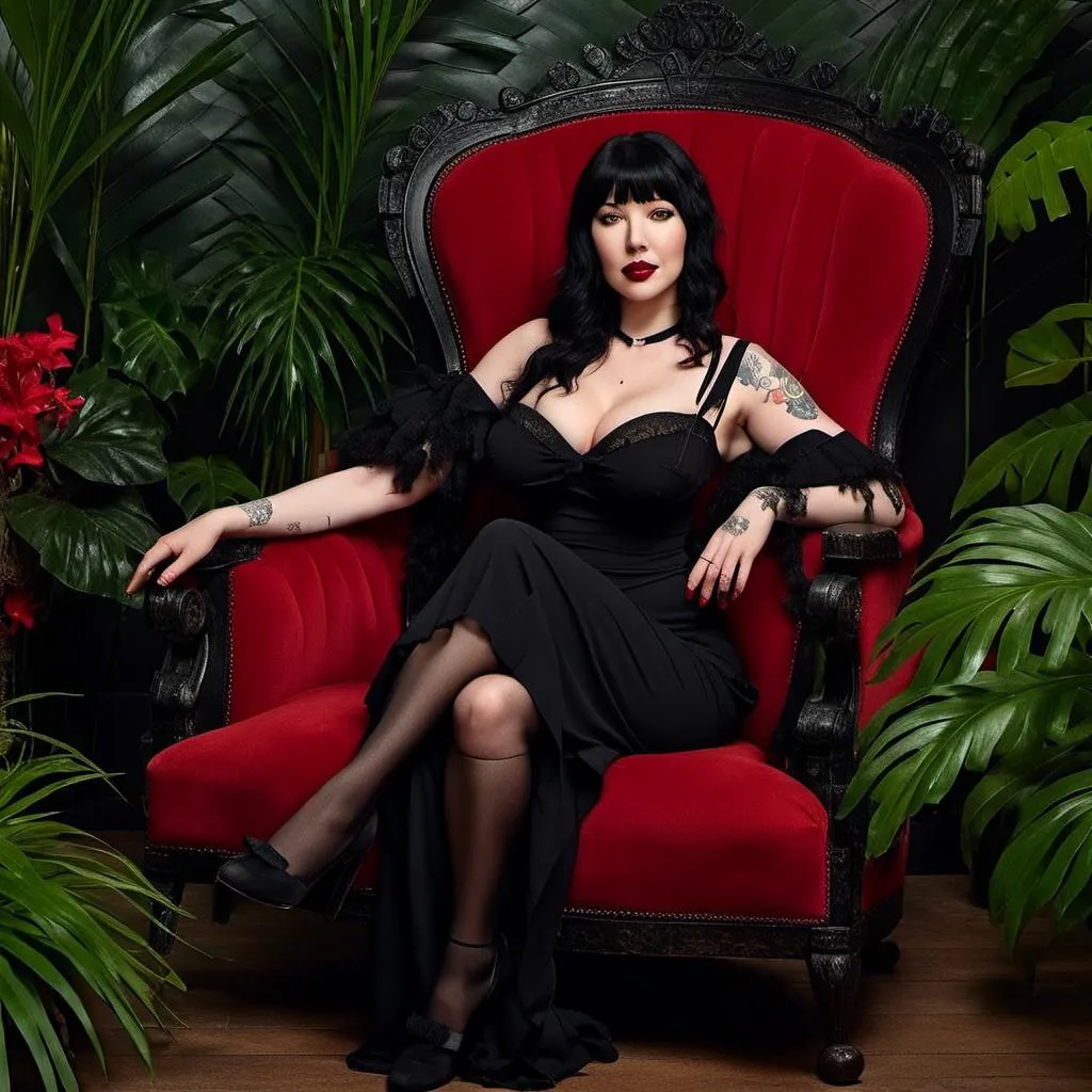 Prompt: <mymodel> sitting in a black queen Victorian chair, tropical plants surround the chair. Woman with black hair and bangs, smiling and waving, brown eyes, red lipstick