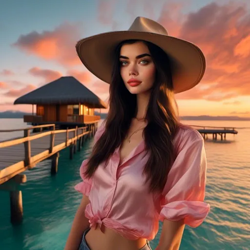 Prompt: <mymodel>https://s.mj.run/yWYIV711x4o https://s.mj.run/a7OneHmqM8k En route to stardom, a Y2K fashion model looks at the camera, overwater bungalow in bora bora, vibrant sunset, standing in the ocean --stylize 250 --v 5.2