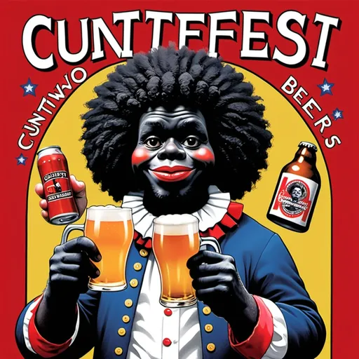 Prompt: Poster for event called 'CUNTFEST' 

Golliwogs drinking beer 