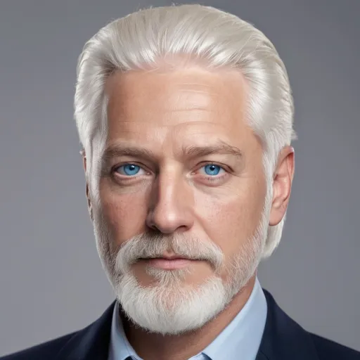 Prompt: Male, 50, full head white hair, white beard and mustache  blue eyes, smooth cheeks
