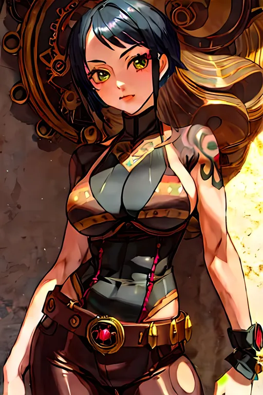Prompt: a lonely Steampunk AI girl, very tall, thick muscular thighs, wide_hips, massive muscular glutes, long muscular legs, slender waist, tatoochest, big beautiful eyes, disturbingly beautiful face, aloof expression, bob haircut with bangs, japanese fashion clothes, haute couture, God-quality, Godly detail, hyper photorealistic, realistic lighting, realistic shadows, realistic textures, 36K resolution, 12K raytracing, hyper-professional, impossible quality, impossible resolution, impossibly detailed, hyper output, perfect continuity, anatomically correct, no restrictions, realistic reflections