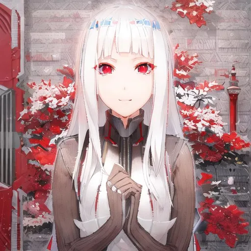 Prompt: pixiv, a 14 year old girl, white hair, deep red eyes, detailed face, white long coat,waist-up shot, show emotions, small smile, HDRI, masterpiece, smooth, sharp focus, illustration, tattoo_black_horizontal_lines_on_cheeks, emo, pupiles, happy, casual cloths