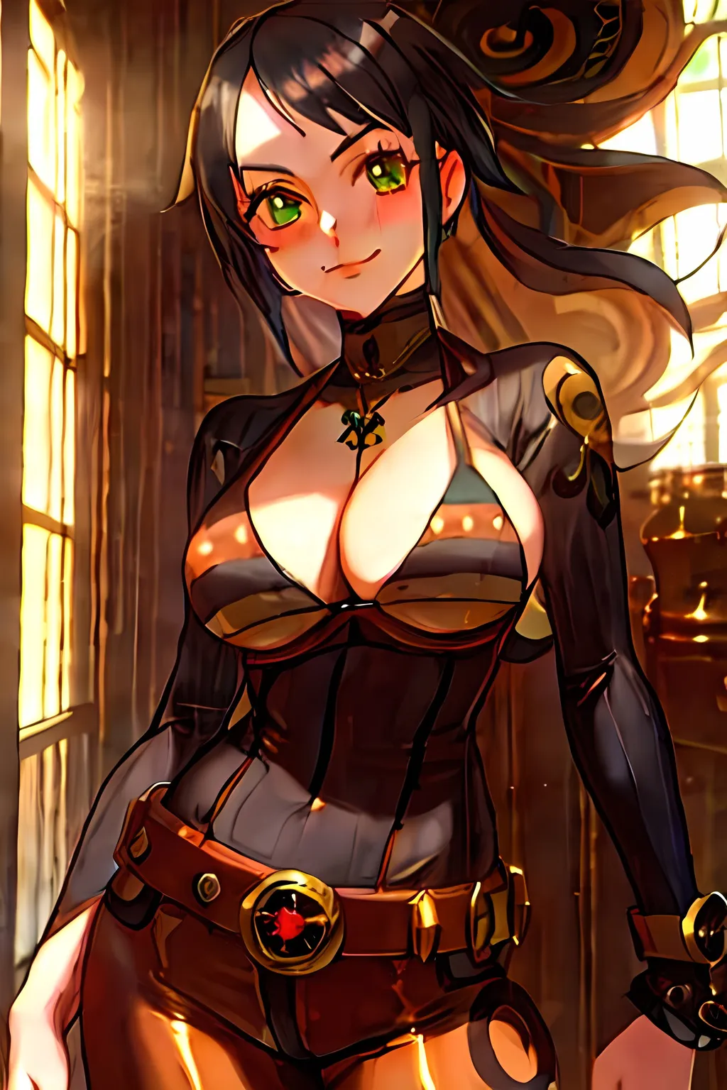 a lonely Steampunk AI girl, very tall, thick muscula