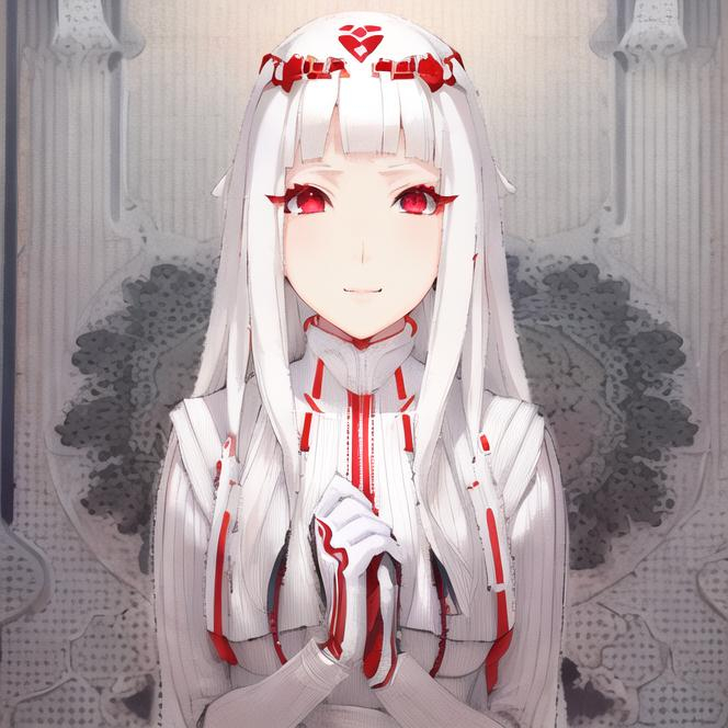 Prompt: pixiv, a 14 year old girl, white hair, deep red eyes, detailed face, white long coat,waist-up shot, show emotions, small smile, HDRI, masterpiece, smooth, sharp focus, illustration, tattoo_black_horizontal_lines_on_cheeks, emo, pupiles, happy, casual cloths