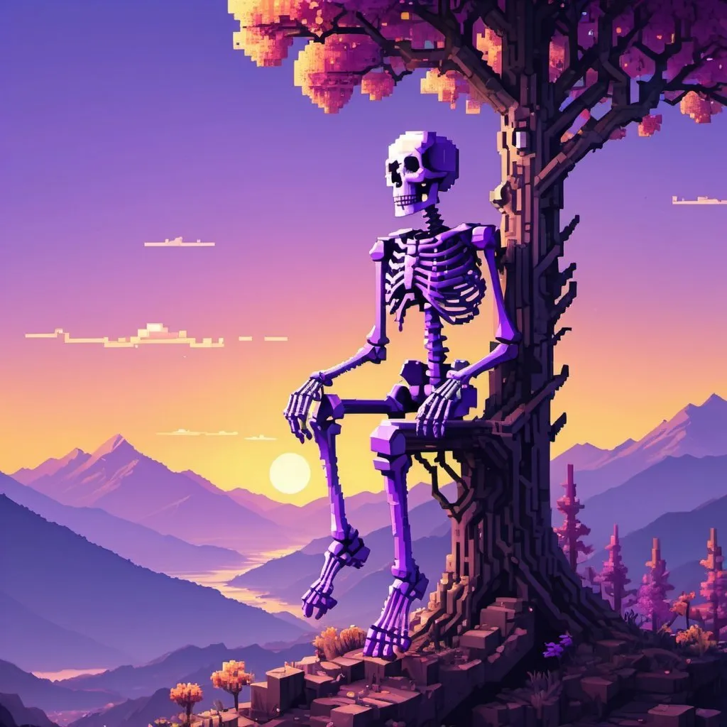 Prompt: A purple pixelated skeleton, sitting in a tree above the sky and mountains, next to a sunset