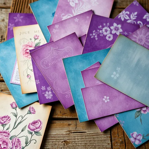 Prompt: A collection of vintage scrapbook papers in a vibrant array of purple and blue hues, scattered across a weathered wooden surface. Each sheet is adorned with intricate floral patterns, delicate gold foil accents, and subtle watermarks. Cinematic lighting, hyperrealistic detail, 32k resolution.