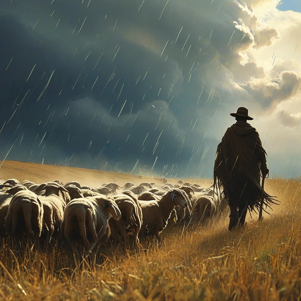 Prompt: A farmer, silhouetted against a stormy sky, shepherds a flock of sheep across a windswept hillside. The wind howls, and the rain lashes down, creating a dramatic and powerful image. Cinematic lighting, hyperreality detail, 8K.