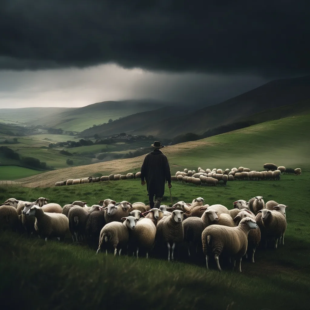 Prompt: A farmer, silhouetted against a stormy sky, shepherds a flock of sheep across a windswept hillside. The wind howls, and the rain lashes down, creating a dramatic and powerful image. Cinematic lighting, hyperrealistic detail, 8K.