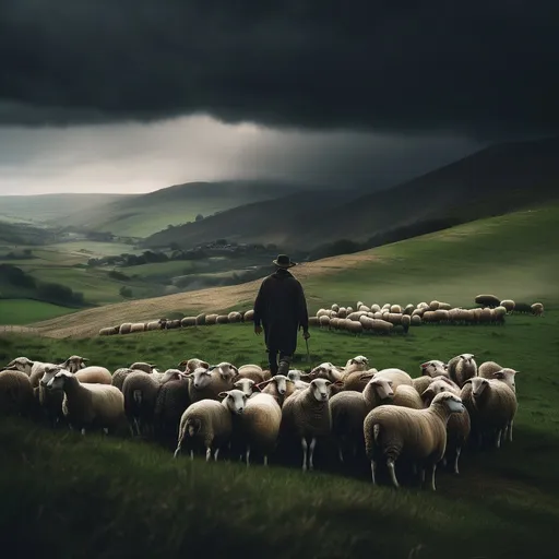 Prompt: A farmer, silhouetted against a stormy sky, shepherds a flock of sheep across a windswept hillside. The wind howls, and the rain lashes down, creating a dramatic and powerful image. Cinematic lighting, hyperrealistic detail, 8K.