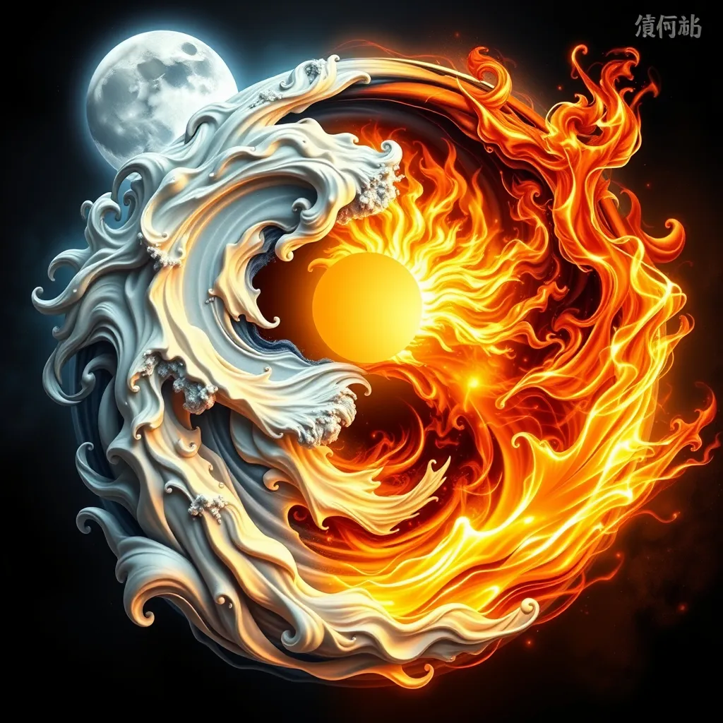 Prompt: A visually striking representation of the concept of Yin and Yang, featuring a dynamic, circular balance of opposing forces. One side is bathed in soft, cool tones like silver, blue, and white, symbolizing Yin, with flowing water and the moon in the background. The other side glows with warm, fiery hues of gold, orange, and red, representing Yang, with crackling flames and the radiant sun. The two halves are interconnected by swirling energy patterns, blending seamlessly where they meet, forming the iconic Yin-Yang symbol. The image is rich in detail and texture, blending realism and abstract elements to evoke harmony and the eternal interplay of opposites.