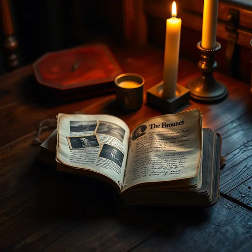 Prompt: A shabby journal lying open on an antique wooden table, bathed in the warm glow of a candle light. The pages are filled with faded photographs, pressed handwritten notes, creating a sense of nostalgia and mystery. Cinematic lighting, hyperrealistic detail, 32k resolution.