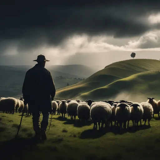 Prompt: A farmer, silhouetted against a stormy sky, shepherds a flock of sheep across a windswept hillside. The wind howls, and the rain lashes down, creating a dramatic and powerful image. Cinematic lighting, hyperrealistic detail, 8K.