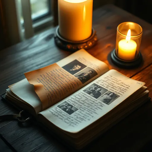 Prompt: A shabby journal lying open on an antique wooden table, bathed in the warm glow of a candle light. The pages are filled with faded photographs, pressed handwritten notes, creating a sense of nostalgia and mystery. Cinematic lighting, hyperrealistic detail, 32k resolution.