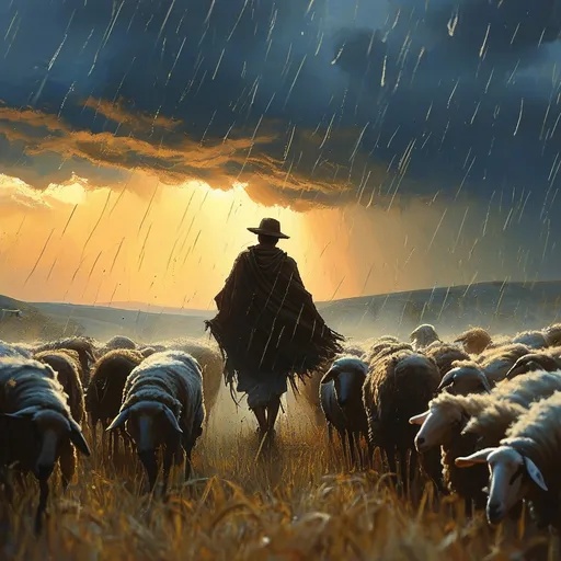 Prompt: A farmer, silhouetted against a stormy sky, shepherds a flock of sheep across a windswept hillside. The wind howls, and the rain lashes down, creating a dramatic and powerful image. Cinematic lighting, hyperreality detail, 8K.