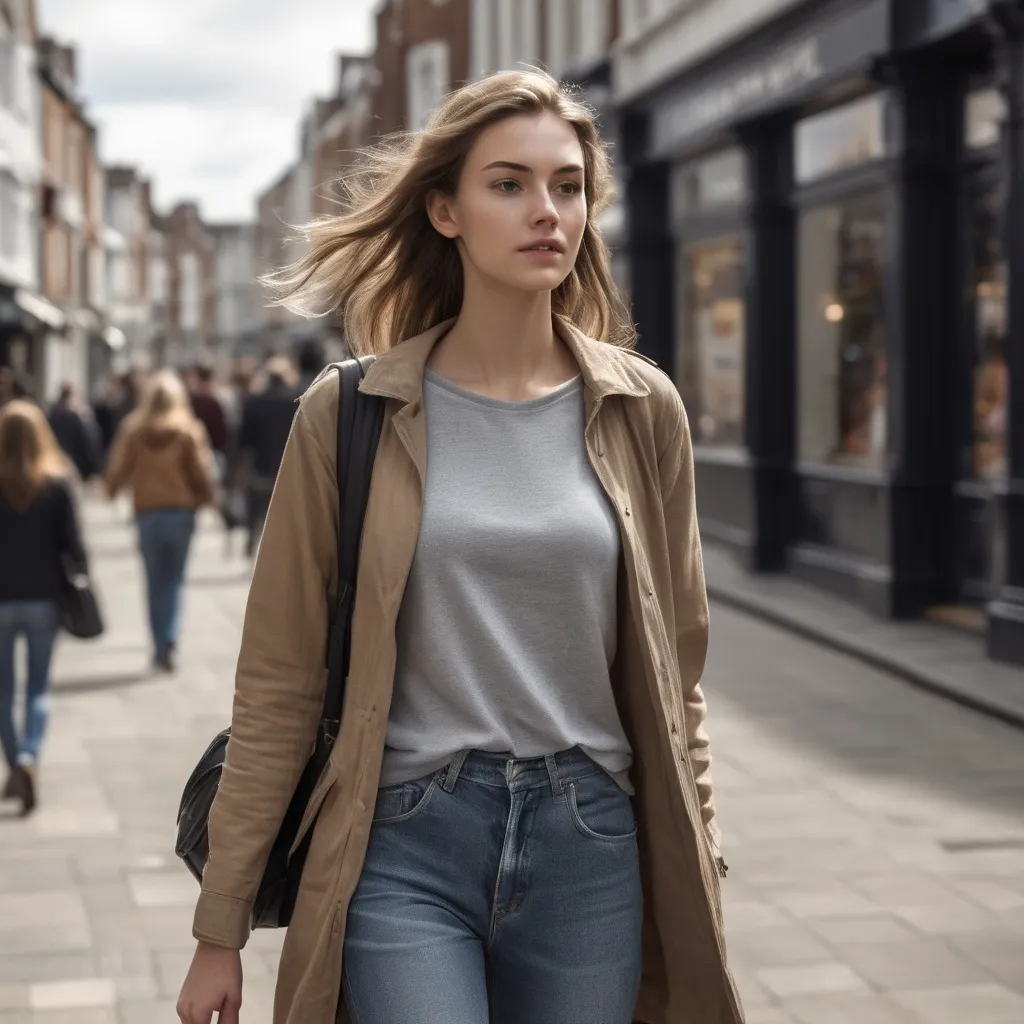 Prompt: Tall young woman walking down the high street, detailed clothing, realistic, natural lighting