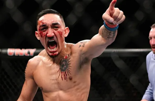 Prompt: A picture of max Holloway roaring with a bloody face