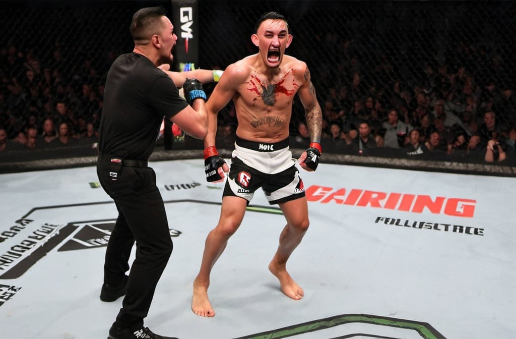 Prompt: A picture of max Holloway roaring with a bloody face