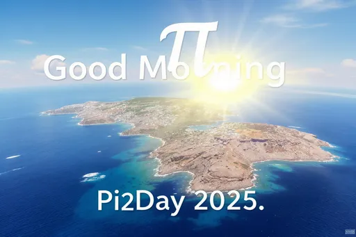 Prompt:  to νηση της Κρητης  με φυσικα χρωματα  με γυρο τη θασασα να ειναι σε ηρεμια και τον ηλιο να ανατελη στο σημιο που ειναι το χωριο Αυλή μινωα παιδιαδας να μπη το Πι στην επανω μερια να εχει επικεφαλιδα  Καλημερα  Pi2Day 2025