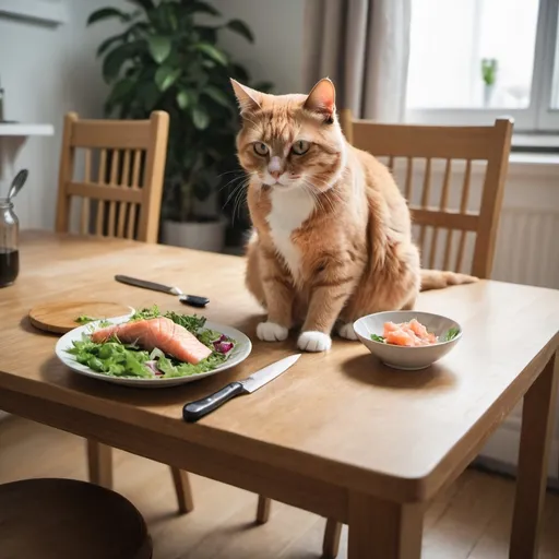 Prompt: a cat sitting on a table eating salmon wiith a knife and fork. The owner sits on the floor next to the cat eating a salad from a bowl on all fours